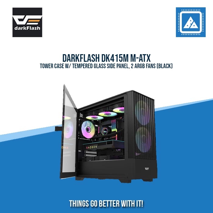 DARKFLASH DK415M M-ATX TOWER CASE W/ TEMPERED GLASS SIDE PANEL, 2 ARGB FANS (BLACK) DARKFLASH DK415M M-ATX TOWER CASE W/ TEMPERED GLASS SIDE PANEL, 2 ARGB FANS (BLACK)